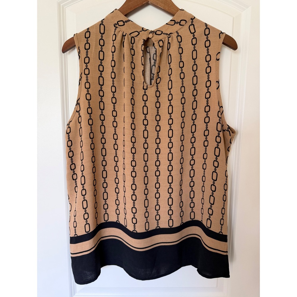 Como Black XL Chain Print Sleeveless Mock Neck Blouse Tan Black Office Workwear